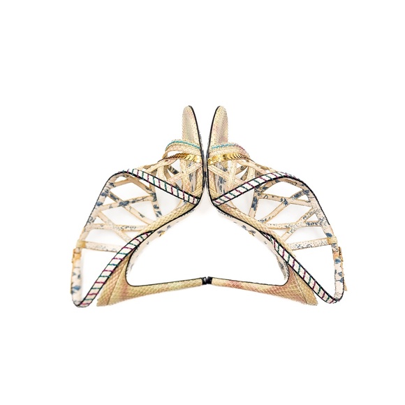 Gucci Python Ivory Strappy Gold Sequin High Heels Shoes EU 37.5 - Picture 4 of 7